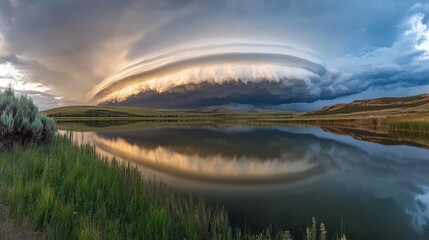 Obraz premium Spectacular Supercell Storm Over Calm Lake at Sunset with Reflections