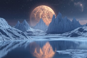 A frozen moon orbiting a distant planet, with jagged ice peaks and frozen lakes reflecting the light of a nearby star