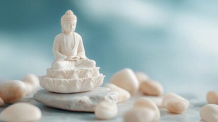Serene Buddha statue on stone with smooth pebbles around