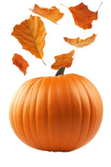 Naklejka premium Pumpkin with vibrant green leaves falling out of it on a rustic wooden surface isolated on transparent background.