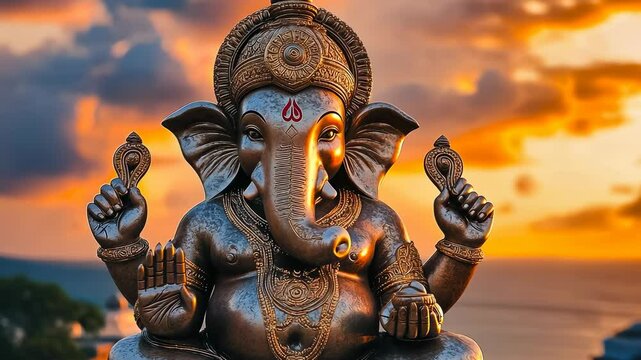 image captures vibrant statue Ganesha situated sunset skyline.figure,richly adorned,emanates peaceful aura,sunlight enhances intricate textures.Positioned outdoors,depiction conveys serene ambiance