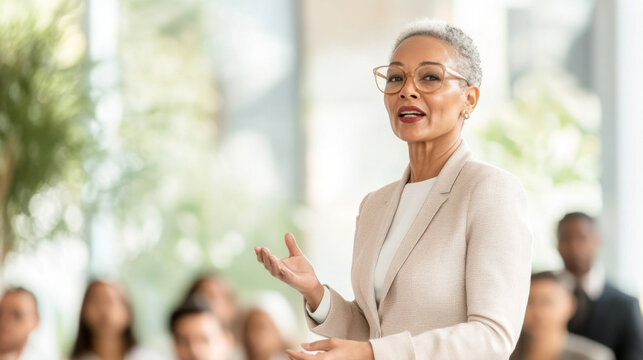 Black mature woman speaking at public event with audience in background