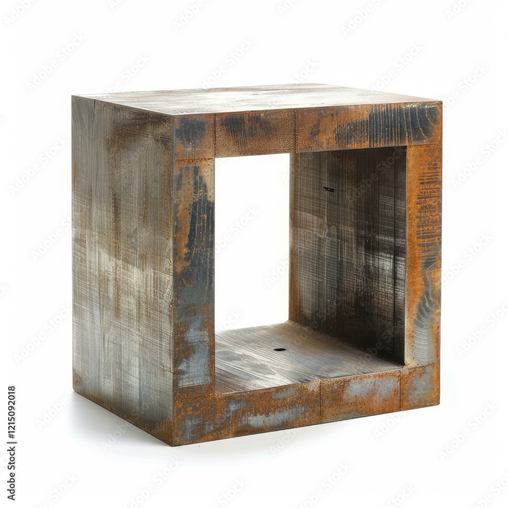 Poster empty wooden shelf with cubic shape showing rust stains isolated on white background