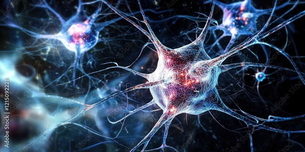 Poster intricate network of neuron cells and synapses in a vibrant, digital representation