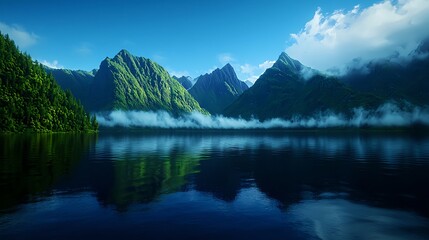 Serene Mountain Landscape with Reflections and Mist Over Water