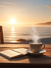 A steaming cup of coffee placed on a wooden table by the ocean at sunrise, creating a peaceful and calming coastal morning ambiance. Generative AI