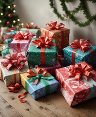 Christmas presents wrapped in colorful paper and ribbons on a table, holiday gifts, gifts, cheerful