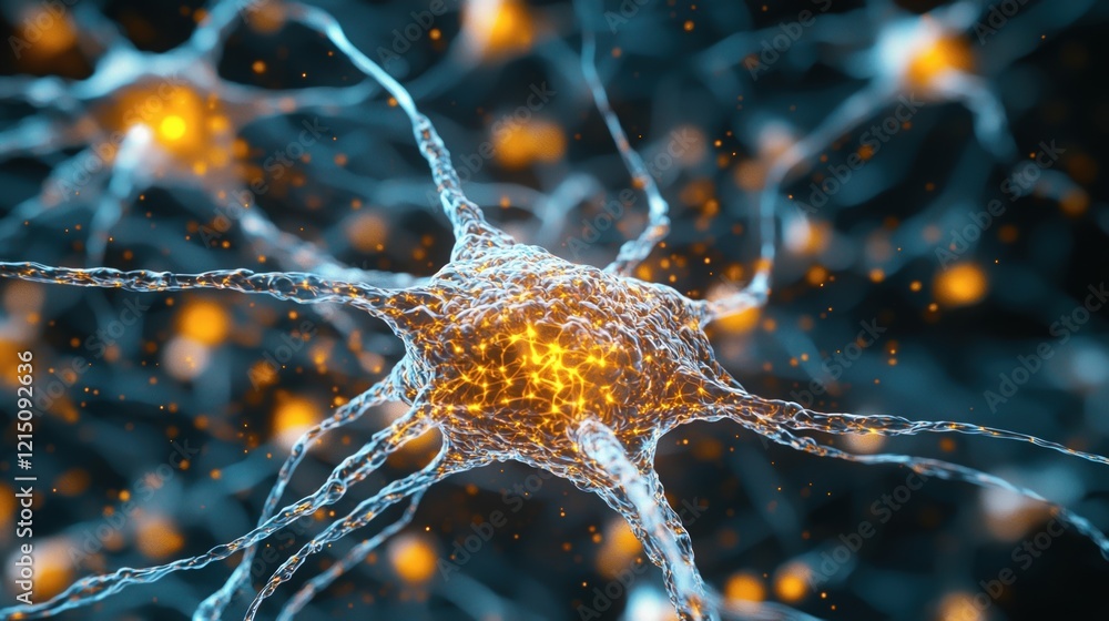 Poster close up view of neurons illuminated by connections showcasing brain activity and communication proc
