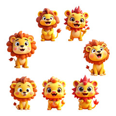 Fototapeta premium Cute Cartoon Lion Expressing Various Poses and Facial Expressions.