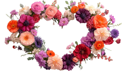 Heart shape created with colorful fresh flowers on a white background for romantic themes isolated on transparent background.