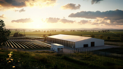 Obraz premium Battery storage system integrated into a solar farm, rural landscape, dusk lighting, vivid shadows, ultra-realistic