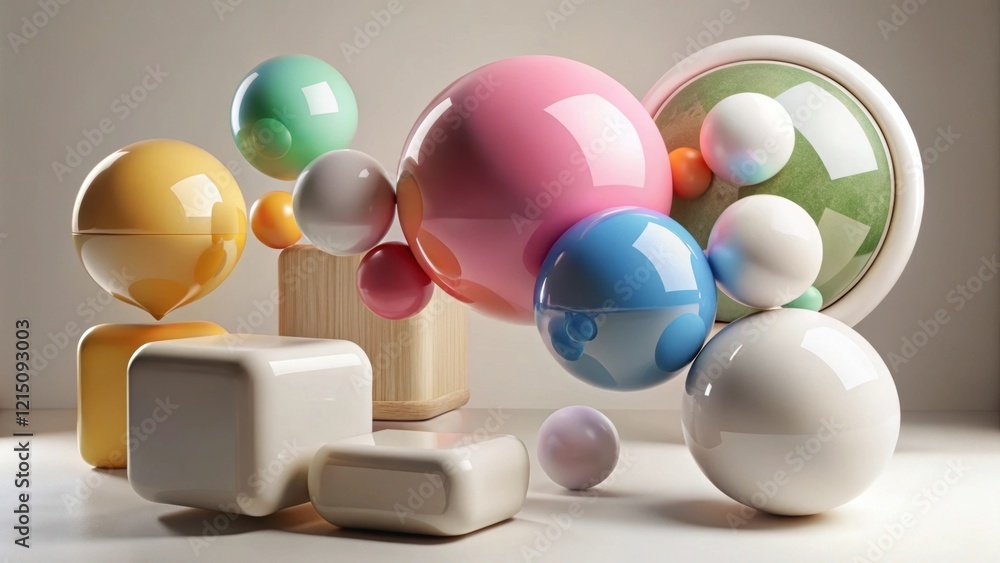 Poster a playful arrangement of colorful spheres and geometric shapes, creating a dynamic and vibrant compo
