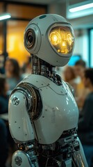 Fototapeta premium Ai professor teaching class with advanced robot at digital whiteboard