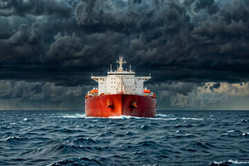 A large red oil tanker is sailing through rough waters. The oil tanker is surrounded by a lot of waves and the sky is cloudy