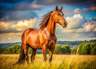 Majestic Brown Horse Stock Photo: Powerful Stallion in a Field