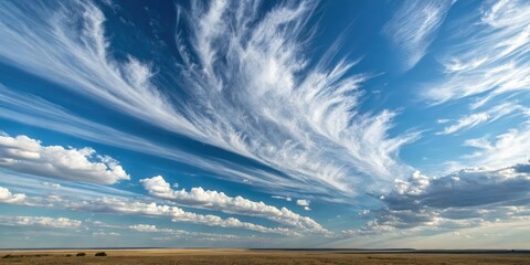 Naklejka premium Cirrus clouds dissipate into nothingness as they drift across the sky leaving behind only memories of their presence, soft, cloud formations, cirrus clouds