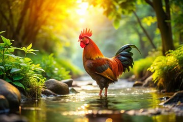 Fototapeta premium Majestic Brown Rooster in Lush Stream - Candid Wildlife Photography