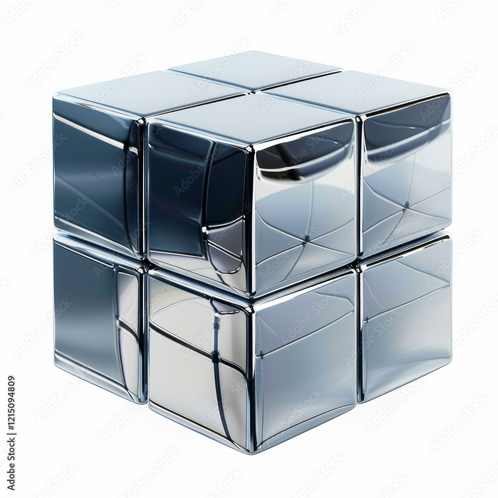 Poster metallic chrome cubes forming a bigger cube, reflecting light, creating a visually appealing abstrac