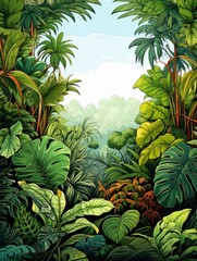 Fototapeta premium A vibrant illustration of a tropical jungle featuring dense green foliage, monstera leaves, and exotic plants under a bright sky. 