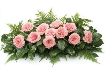 Beautiful Arrangement of Pink Roses Surrounded by Lush Green Ferns and Leaves on White Background for Floral Decoration and Event Styling Ideas