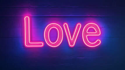 Pink Neon Love Sign on Brick Wall  Romance  Valentine s   Night   Glowing Letters   Bright