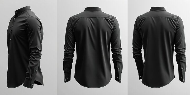 Black long sleeve shirt with round neck. Fitted style. Photorealistic render shows three views. Modern minimalist design. Versatile, casual attire. Suitable for variety of occasions. Perfect for