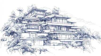 A hillside house blueprint with terraced levels, large balconies, and detailed slope-adapted architecture.