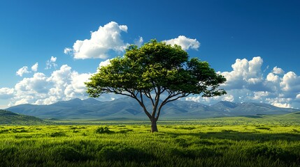 Fototapeta premium Lush Green Tree on Vibrant Landscape Under Blue Sky and Clouds