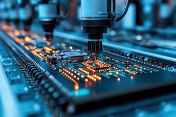 A futuristic assembly line with nanobots constructing microscopic machinery within a silicon chip, showcasing their precision and intricate designs