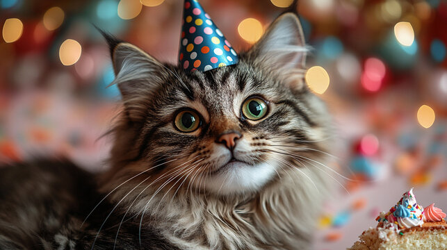 Cat Celebrates With a Polka-Dot Party Hat Surrounded by Festive Decorations
