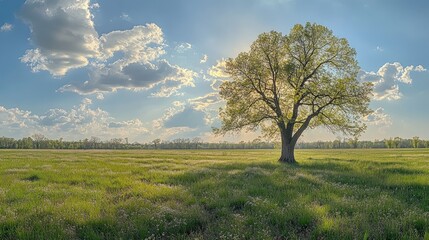 A panoramic view of a vibrant green field under a bright blue sky,