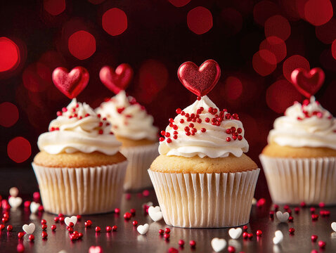 Sweetheart Cupcakes:  Four decadent cupcakes adorned with fluffy white frosting, topped with red heart sprinkles and heart-shaped decorations, set against a warm, festive backdrop.