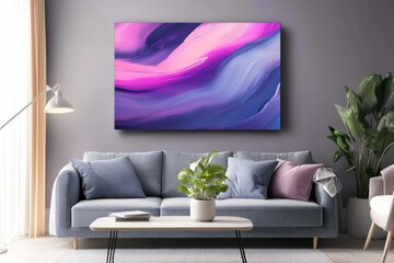 Modern Living Room with Abstract Art on Wall, Stylish Sofa, and Decorative Plants in Contemporary Interior Design for Elegant Home Decor
