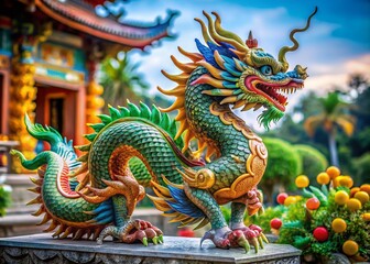 Fototapeta premium Majestic Dragon Statue, Ancient Chinese Mythology, Powerful Symbol, Asian Art, Mythical Creature