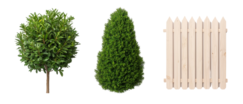 crisp realistic photo showing three garden items tree, shrub, and wooden fence
