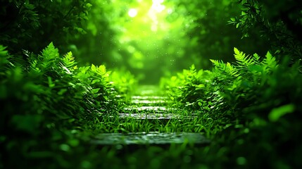 Fototapeta premium Serene Pathway Through Lush Green Ferns in Enchanting Forest