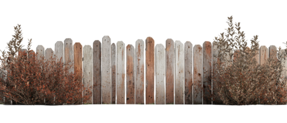 Decayed wooden fence with fungal growth and overgrown plants