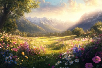 Fototapeta premium Serene Mountain Landscape with Vibrant Wildflowers Illuminated by Soft Sunrise in the Background, Capturing the Essence of Nature's Beauty and Tranquility