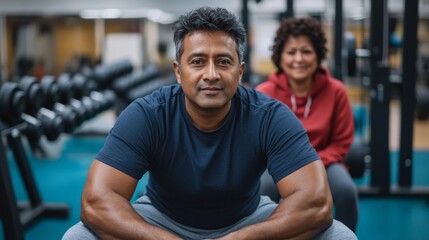 A man and woman are posing for a photo in a gym. The man is wearing a blue shirt and the woman is wearing a red hoodie. Scene is casual and friendly, as the couple is posing for a picture together