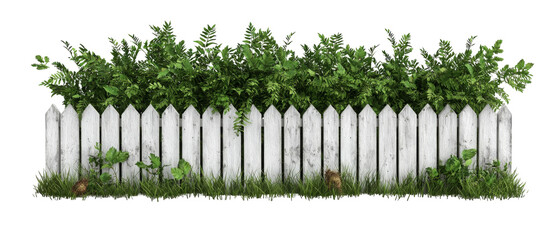 weathered wooden fence covered with lush green plants and grass
