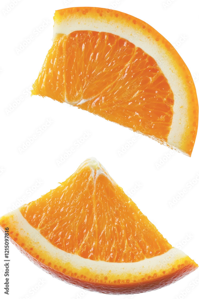 Poster two slices of orange cut in half with vibrant color and texture showing juicy pulp and rind isolated