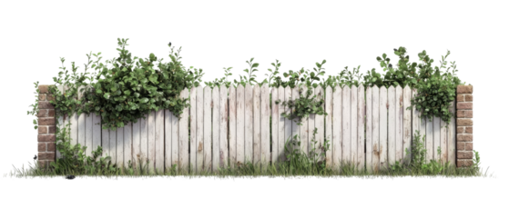 weathered wooden fence with greenery and brick accents, showing decay