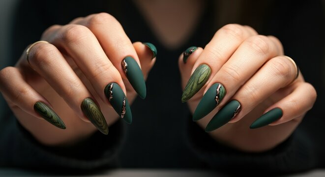 Elegant green matte nails with intricate designs and embellishments