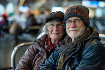 Obraz premium Portrait of a satisfied caucasian couple in their 60s donning a warm wool beanie isolated in busy airport terminal