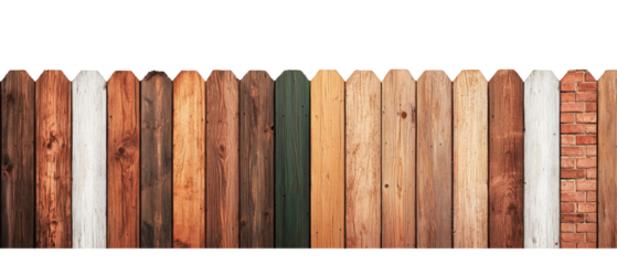 colorful wooden fence with various textures and brick section