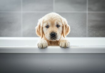 Adorable golden retriever puppy peeking over the edge of a bathtub