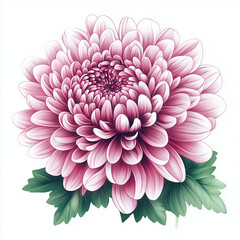 Single pink chrysanthemum flower, front view, graduated pink petals, on white background