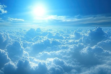 Expansive Blue Sky with Fluffy White Clouds Bathed in Radiant Sunlight Creating a Serene and Uplifting Atmosphere for Nature and Travel Related Projects