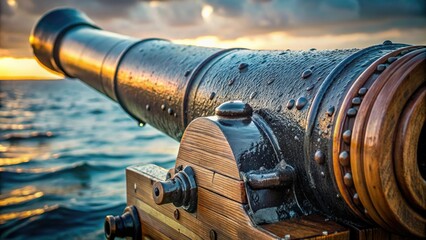 Close-up of a naval cannon with moisture dripping from its barrel, artillery, equipment, military