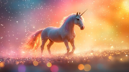 A Majestic Unicorn Gracing a Colorful Background of Rainbow Patterns Enhanced by Holographic Sparkle